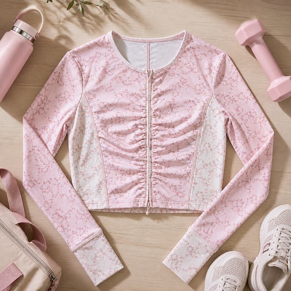 LoveShackFancy Floral Zip Front Top XL Pink Ruched Jacket Feminine Athleisure